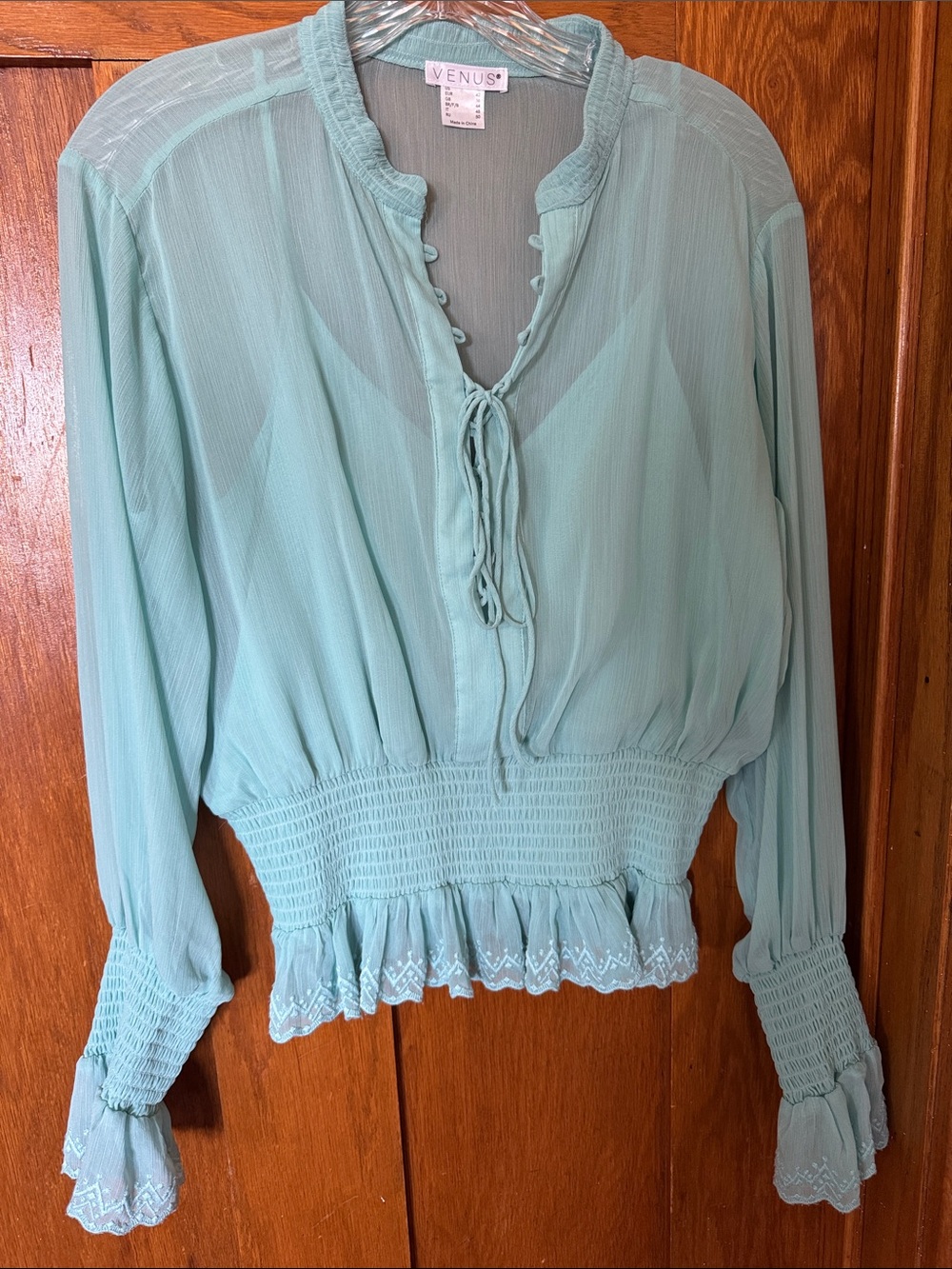 VENUS Mint Green Peasant Blouse with Smocked Waist